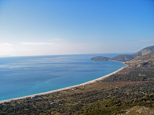 Borsh beach from above โ Albania's longest beach stretching 7km along the Ionian coast