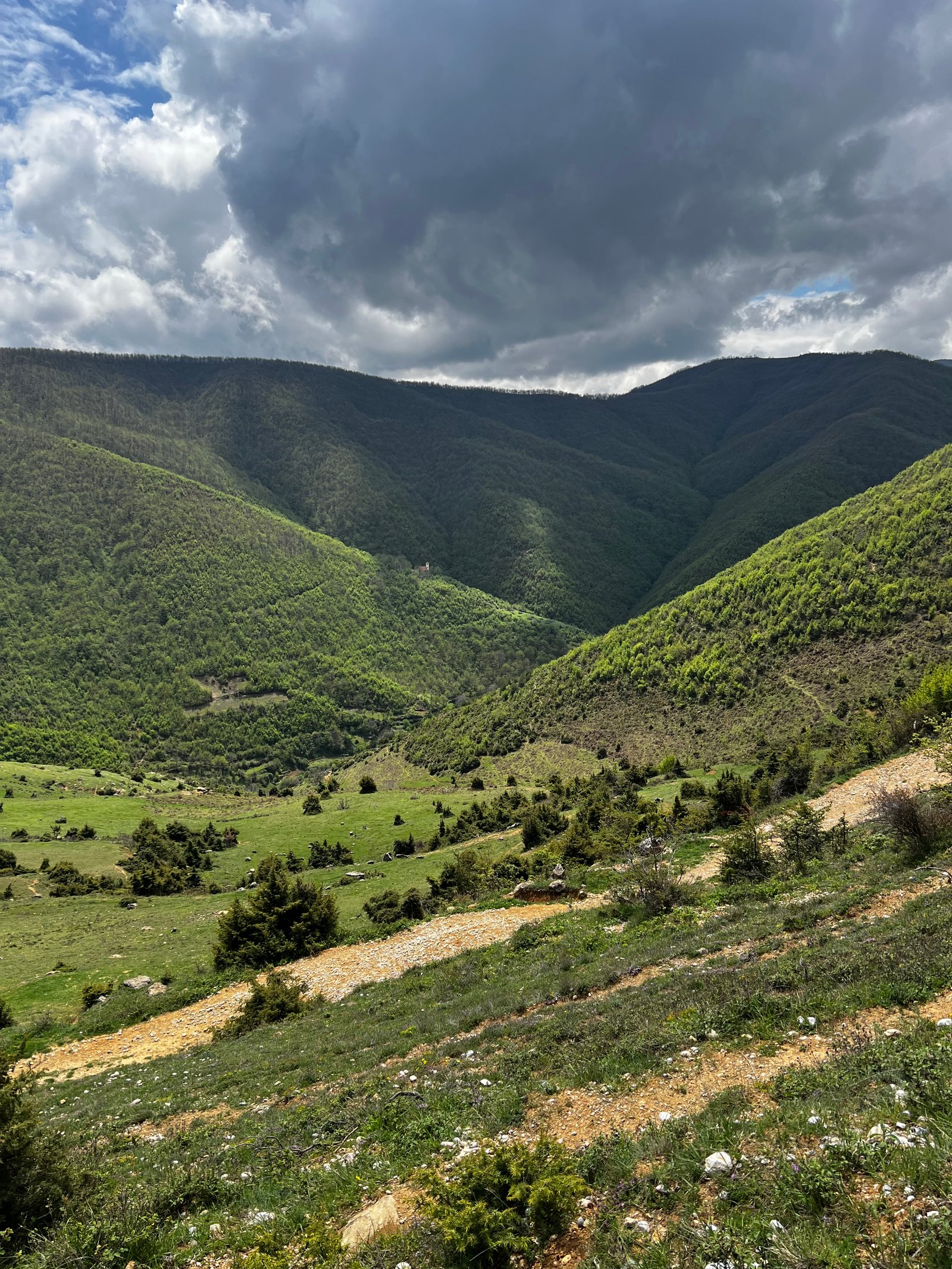 Lush green Albanian mountain valley with rocky ridges and alpine pastures