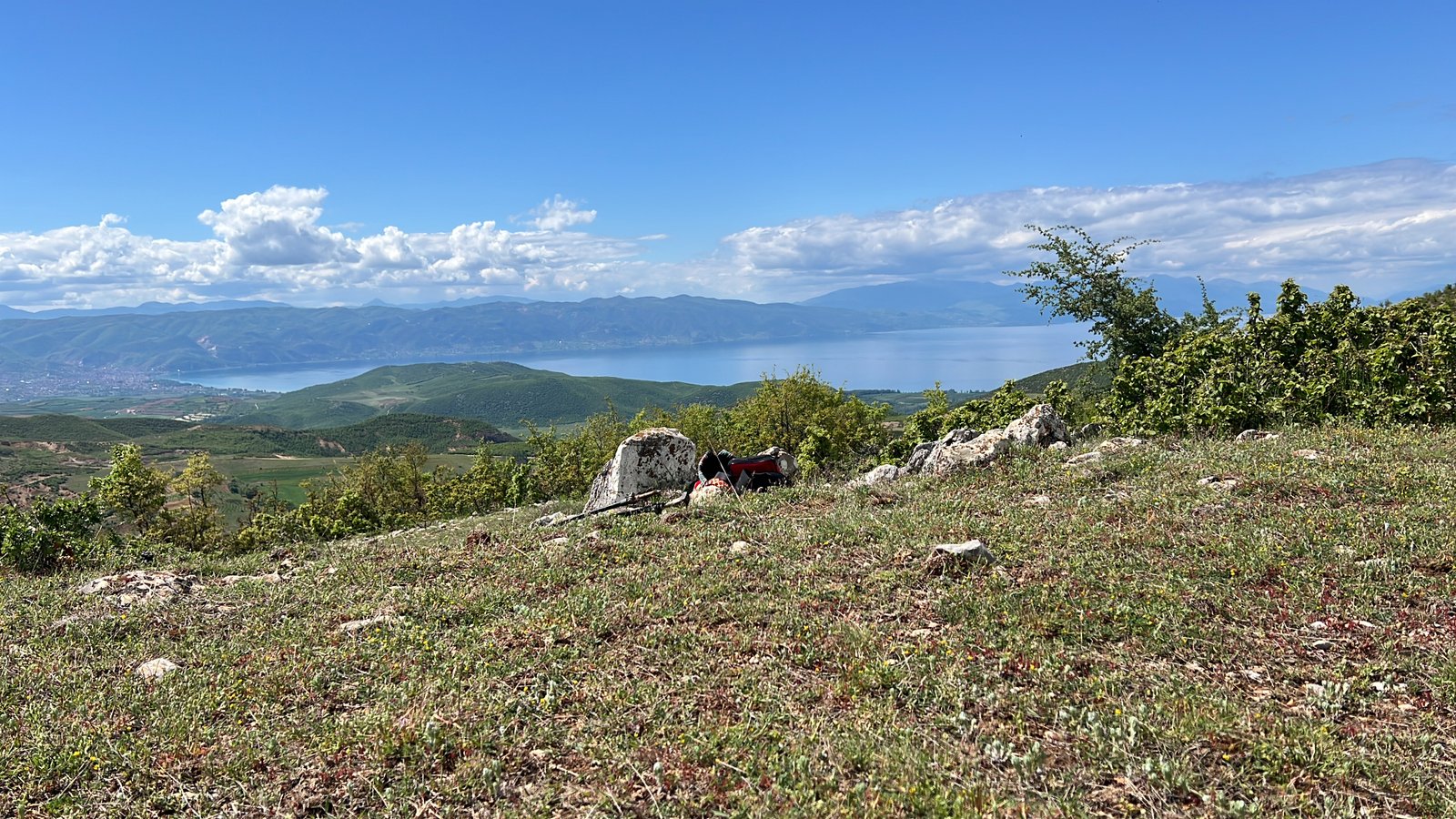 A dog resting on the high trail behind Tushemisht village with Lake Ohrid stretching out below