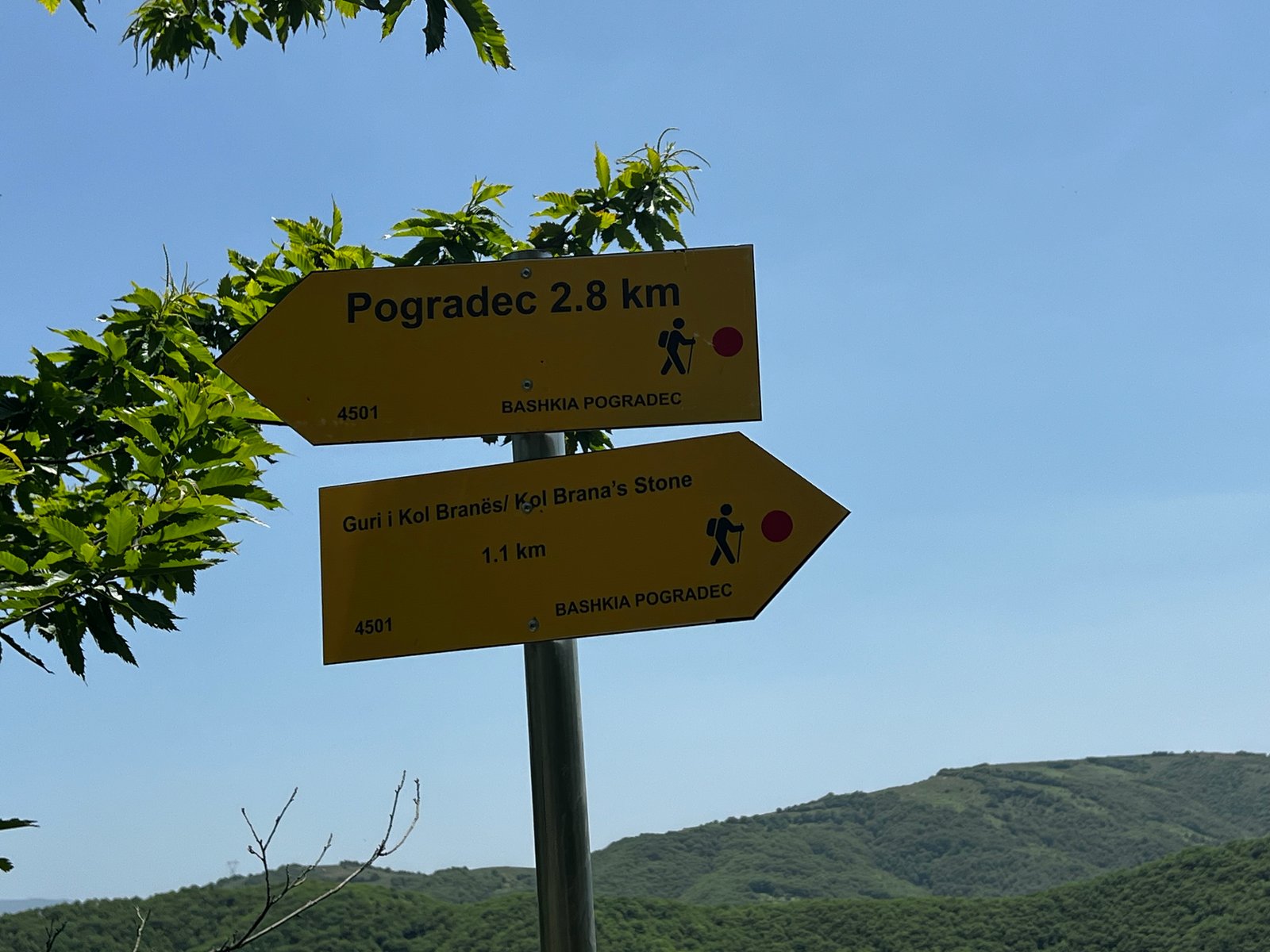 Official Pogradec municipal trail signs showing distances to Pogradec (2.8km) and Kol Brana's Stone (1.1km)
